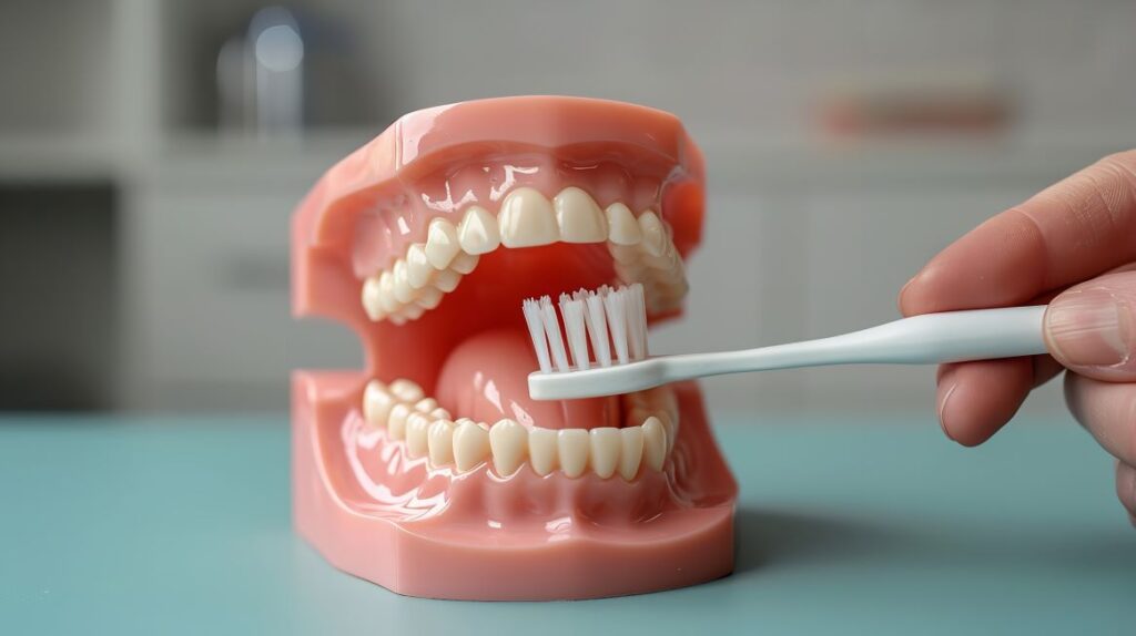 toothbrush brushing a pair of dentures